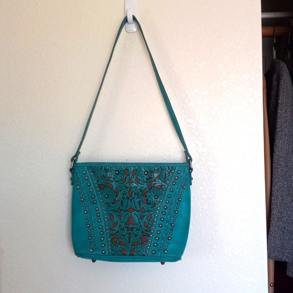 Trinity Ranch leather handbag turquoise 10x12 hand tool cut out - Picture 2 of 10